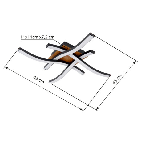 Stropné svietidlo, kov čierny, imitácia dreva, akryl biely, DxŠxV: 430x430x75, vrátane 1xLED 20W 230 20