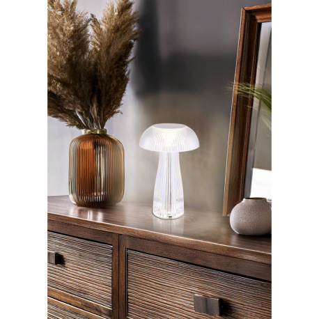 Nabíjateľná stolová lampa, číry plast, strieborný kov, dotyk. zap./vyp., plynulá regulácia dotyk. st 11