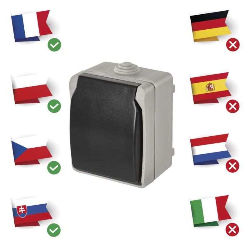 Zásuvka nástenná, šedo-čierna, IP54 8