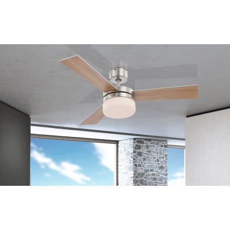 Stropný ventilátor, nikel matný, biele sklo, MDF buk, MDF strieborný kov, 3 rýchlosti, 2 smery otáča 7