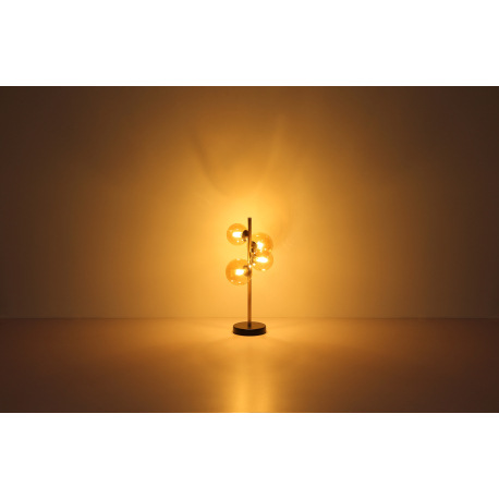 Stolová lampa, kov čierny, kov mosadz, sklo jantárové, s vypínačom na kábli, DxŠxV:240x190x480mm, dĺ 7