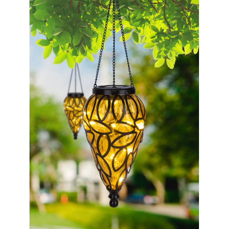 Solárne svietidlo, kov čierny, plast čierny, plast jantár, IP44, ozdobná kvapka na zavesenie, akumul 1