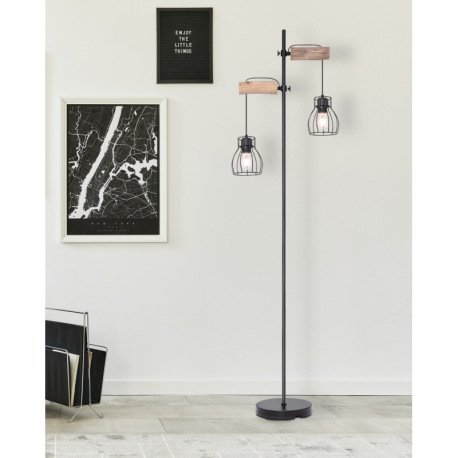 Stojanové svietidlo, čierny kov, drevo, vypínač, DxŠxV: 470x250x1680, bez žiaroviek 2xE27, max. 40W 11