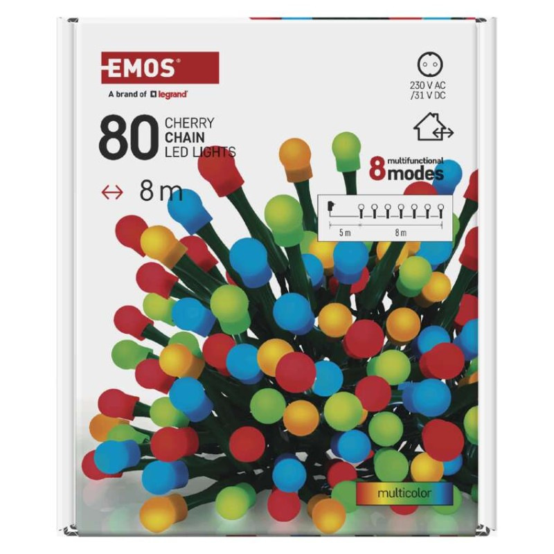LED vianočná cherry reťaz–guličky, 8 m, vonkajšia aj vnútorná, multicolor,programy,časovač 9