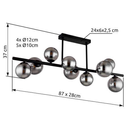 Stropné svietidlo, kov čierny, sklo, sklo Ø 4x12cm, 5x10cm, vrátane 10676, DxŠxV: 866x300x358, vráta 14