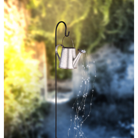 Solárne svietidlo, kov strieborný, kov čierny, plast priehľadný, kanvica s hrotom na zapichnutie do 9