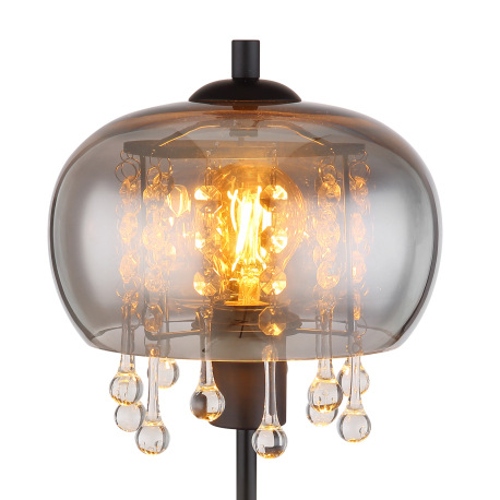 Stolová lampa, kov čierny matný, sklo dymové, sklenené krištále priehľadné, kábel textil čierny, kol 3