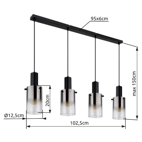Závesné svietidlo, kov čierny, sklo dymové, priehľadné, kábel PVC čierny, možnosť skrátenia výšky, D 5