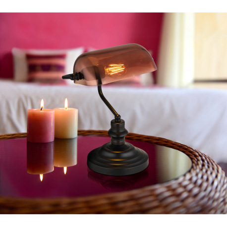 Stolové svietidlo, kov čierny, sklo medenej farby, priehľadné, kábel PVC čierny, kolískový vypínač n 5