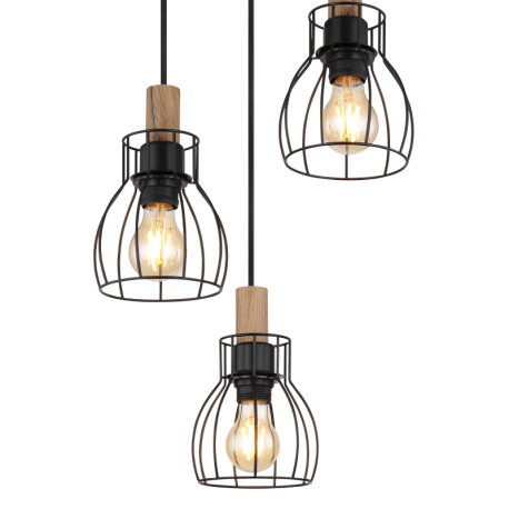Závesné svietidlo, kov čierny, drevo tmavohnedé, kovové tyče čierne, textilný kábel čierny, výškovo 9
