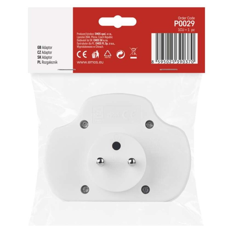 Rozbočovacia zásuvka 2× plochá +1× guľatá s vypínačom, biela 6