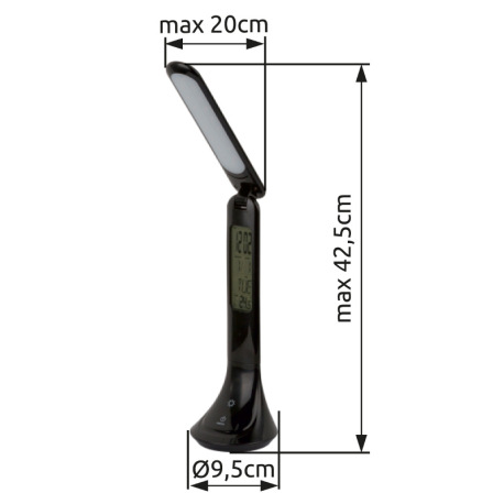 Nabíjateľná stolová lampa, plast, čierna, hodiny, kalendár, budík, s adaptérom, zapnutie dotykom, do 8