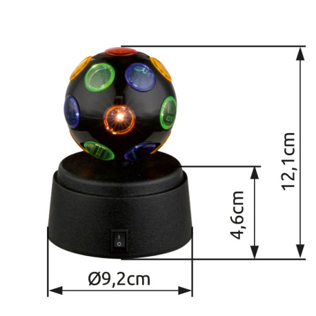 Dekoratívne svietidlo, čierny plast, plast multicolor, otočná disko guľa, vypínač, bez batérií 3xAA 3