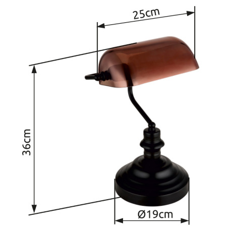 Stolové svietidlo, kov čierny, sklo medenej farby, priehľadné, kábel PVC čierny, kolískový vypínač n 4