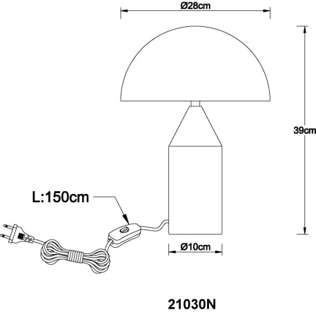 Stolové svietidlo, kov nikel matný, biely, kábel PVC čierny, kolískový vypínač na kábli, ø: 280mm, V 10