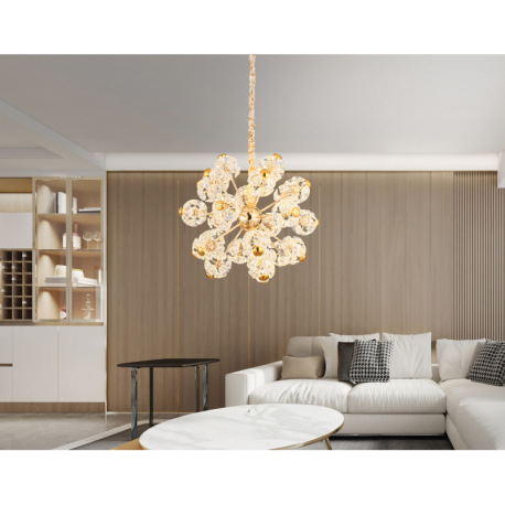 Závesné svietidlo, zlatý kov, číre sklenené kryštály, ø: 650 mm, V: 1350 mm, LED 70W, zdroj 7600 lm, 1