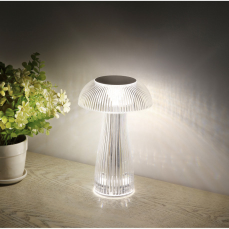 Nabíjateľná stolová lampa, číry plast, strieborný kov, dotyk. zap./vyp., plynulá regulácia dotyk. st 9