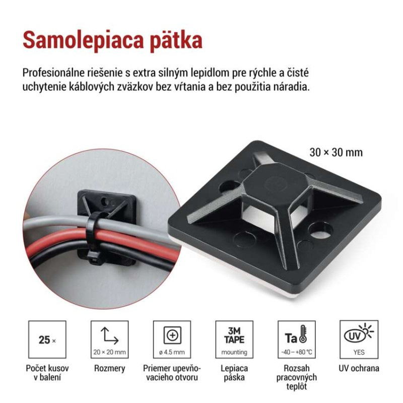 Samolepiaca príchytka sťahovacej pásky 30×30, čierna, 25 ks