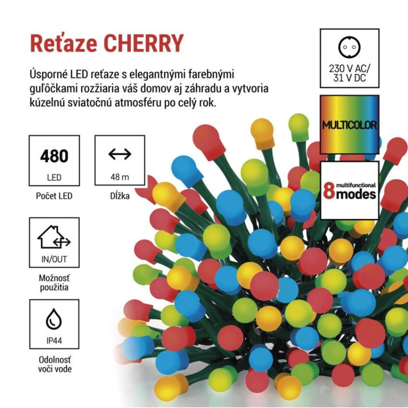 LED vianočná cherry reťaz – guličky, 48 m, vonk. aj vnútor., multicolor, programy, časovač