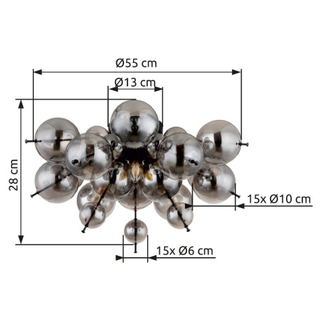 Stropné svietidlo, kov čierny, sklenené gule dymovej farby, ø: 550 mm, V: 280 mm, sklenené gule Ø: 1 14