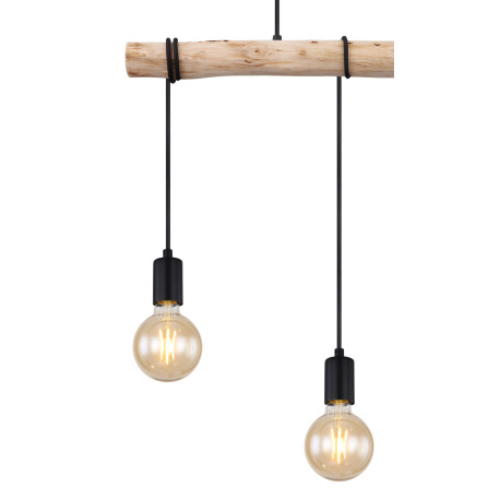 Závesné svietidlo, kov čierny, drevo, textilný kábel čierny, DxŠxV:600x50x1200mm, bez žiaroviek 3x E 15