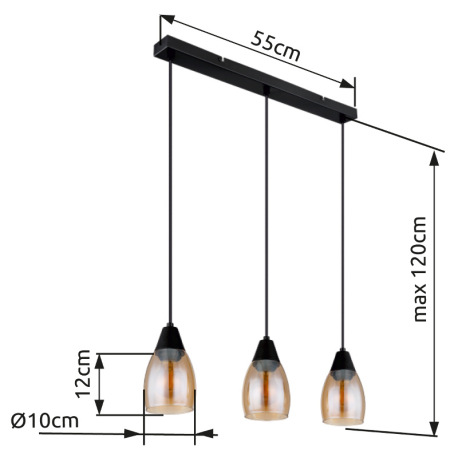 Závesné svietidlo kov čierny matný, sklo jantárové, kábel PVC čierny, možnosť nastavenia výšky, DxŠx 7