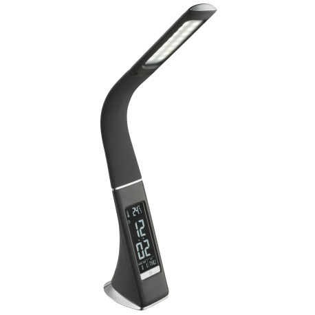 Stolová lampa, plast, šedá, chróm, s hodinami a budíkom, flexo, zmena farby svetla, CCT 3000-4500-58