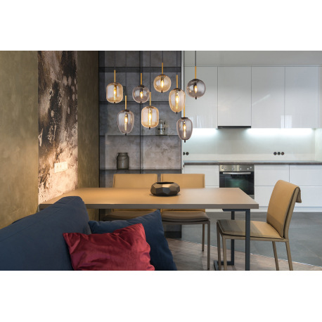 Závesné svietidlo kov čierny mat, mosadz mat, sklo dymové, jantárové, kábel PVC čierny, 4 rôzne tvar 6