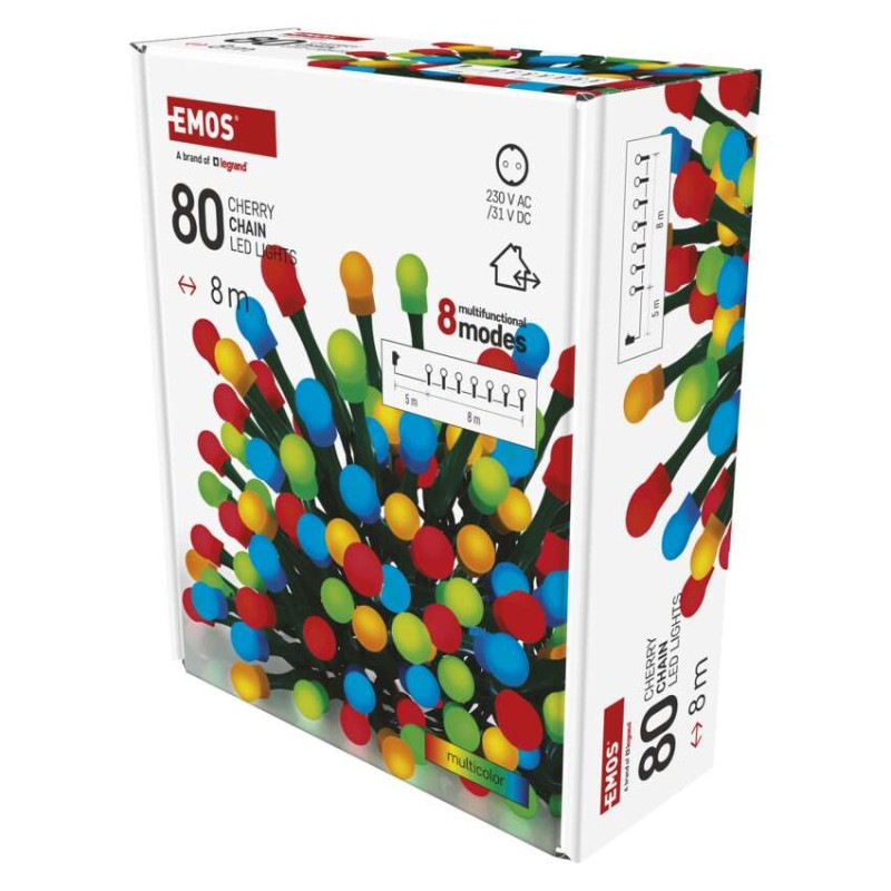 LED vianočná cherry reťaz–guličky, 8 m, vonkajšia aj vnútorná, multicolor,programy,časovač 3