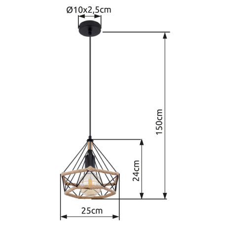 Závesné svietidlo, kov čierny matný, konopné lano, Ø:250, V:1500, bez žiarovky 1xE27, max. 40W 230V 6