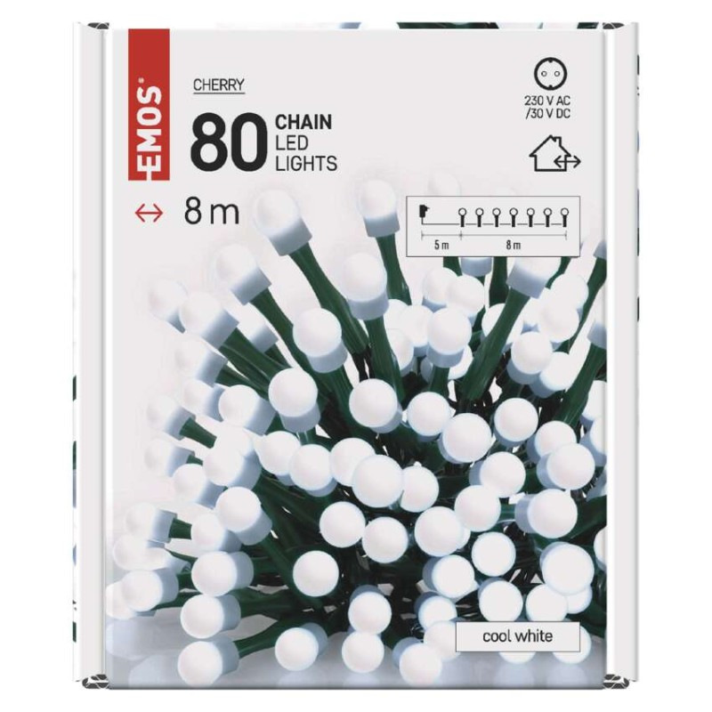 LED vianočná cherry reťaz – guličky, 8 m, vonkajšia aj vnútorná, studená biela, časovač 6