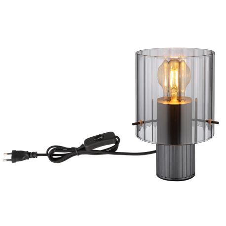 Stolná lampa, kov sivý tmavý, sklo dymovej farby, textilný kábel čierny, kolískový vypínač na kábli, 7