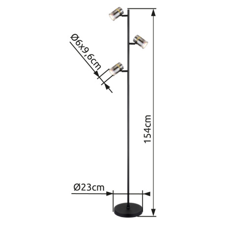 Stojanové svietidlo, kov čierny matný, dymové sklo s prechodom do priehľadného skla, kov mosadz, káb 14