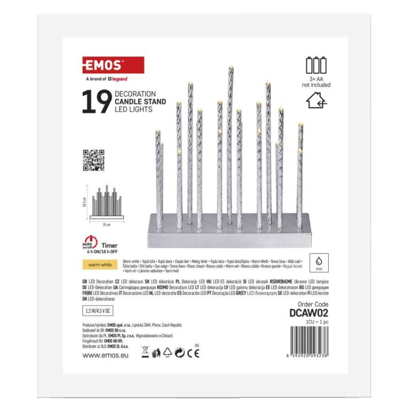 LED svietnik strieborný, 28,5 cm, 3x AA, vnútorný, teplá biela, časovač 6