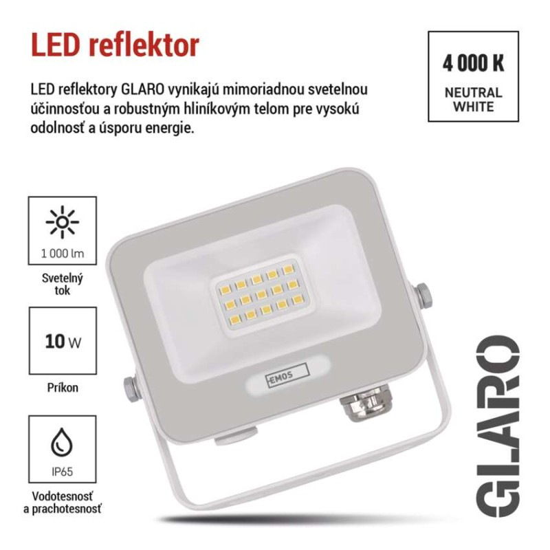 LED reflektor GLARO 10W, biely, IP65, 1000 lm, neutrálna biela 6