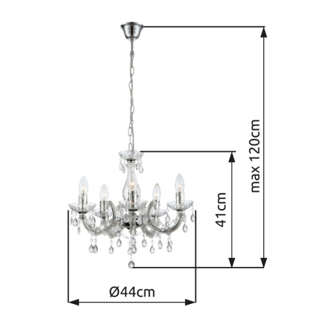 Závesné svietidlo, kov, chróm, akrylové krištále priehľadné, Ø 440, V:1280, bez žiaroviek 5xE14, max 4