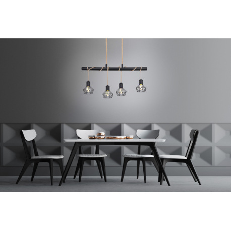 Závesné svietidlo, kov čierny, kov čierny, konopné lano, DxŠxV: 1000x150x1200, bez žiaroviek 4xE27, 8