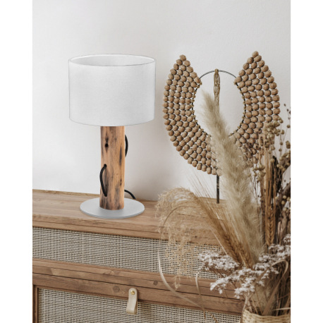 Stolná lampa, prírodná farba dreva, kov, biely textil, kolískový vypínač na kábli, eukalyptové drevo 1