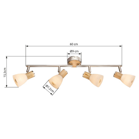Stropné svietidlo, nikel matný, drevo, sklo biele pruhované, DxV: 600x155, bez žiaroviek 4xE14, max. 6
