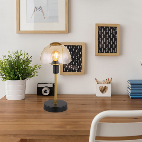 Stolové svietidlo, kov čierny, kov zlatý, sklo jantárové, kábel PVC čierny, dotykové zapínanie/vypín 6