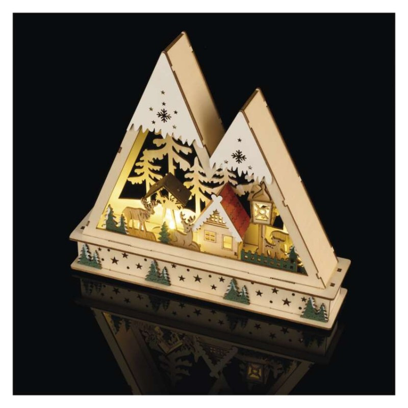 LED drevená vianočná krajina, 23,5 cm, 2x AA, vnútorný, teplá biela, časovač 8