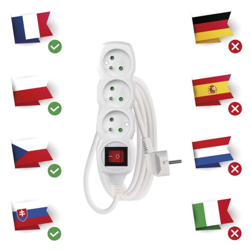 Predlžovací kábel 3 m / 3 zásuvky / s vypínačom / biely / PVC / 1,5 mm2 1