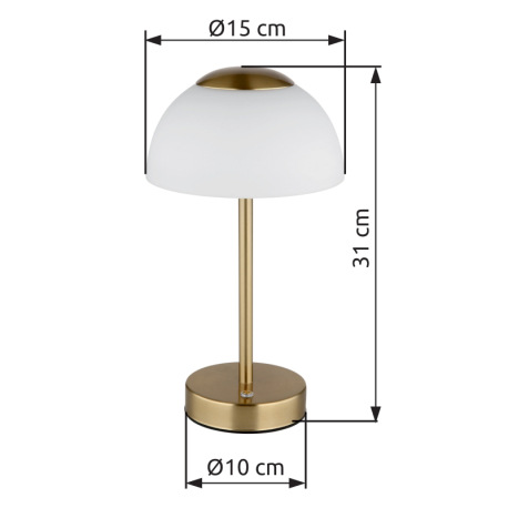 Nabíjateľná stolová lampa, kov mosadz matná, sklo biele, dotykové zapnutie/vypnutie, plynulá regulác 10