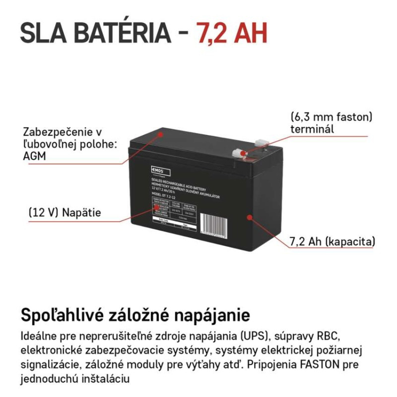 Bezúdržbový olovený akumulátor 12 V/7,2 Ah, faston 6,3 mm 1