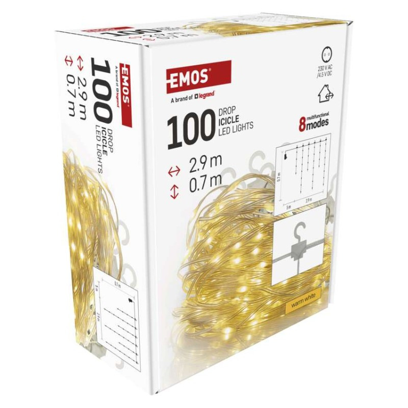 LED vianočná drop reťaz – cencúle, 2,9 m, vonkajšia aj vnútorná, teplá biela, programy 8