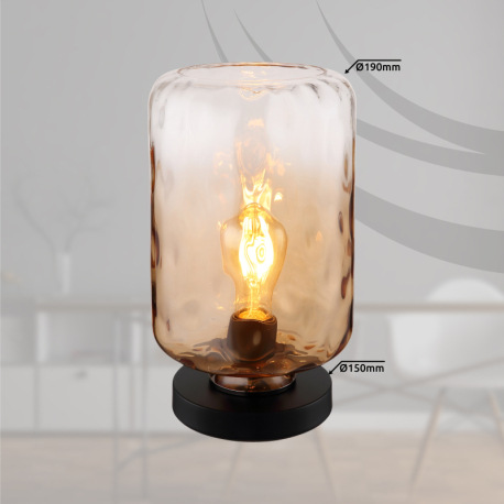 Stolná lampa, kov čierny matný, sklo jantárové/číre, kábel PVC čierny, kolískový vypínač na kábli, ø 12