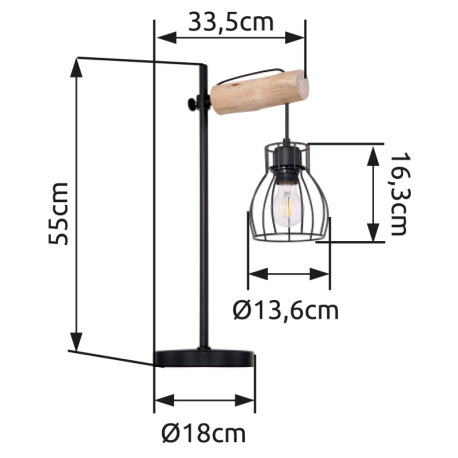 Stolová lampa, čierny kov, drevo, čierny kov, vypínač, DxŠxV: 330x180x550, bez žiarovky 1xE27, max. 20