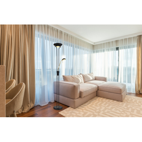 Stojanová lampa kov, čierna/mosadzná, sklo biele, akryl satinovaný, kábel PVC čierny, stmievateľná, 1