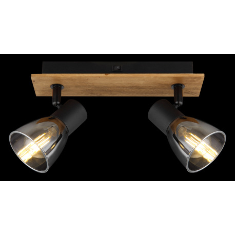 Nástenné svietidlo, drevo hnedé, kov čierny, dymové sklo, s vypínačom, DxŠxV:250x70x155mm, bez žiaro 17