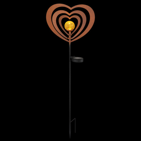 Solárne svietidlo, kov, imitácia hrdze, kov čierny, plast čierny matný, jantárová guľa s efektom pop 15